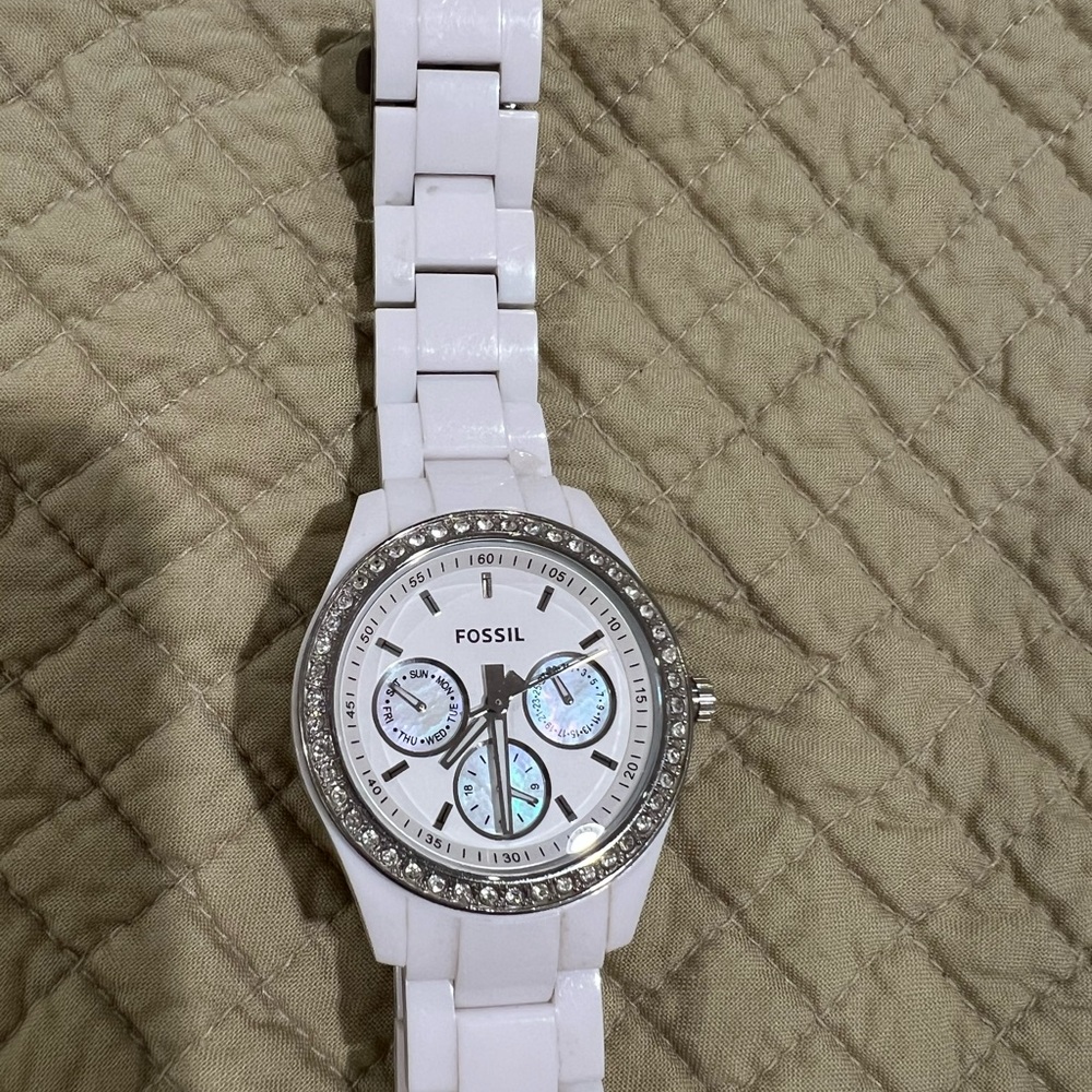 Fossil White Ceramic Watch with Crystal Details